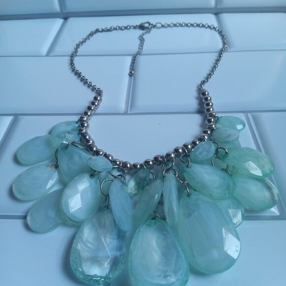 Smoky Light Blue Teardrop Statement Necklace - Picture 7 of 8